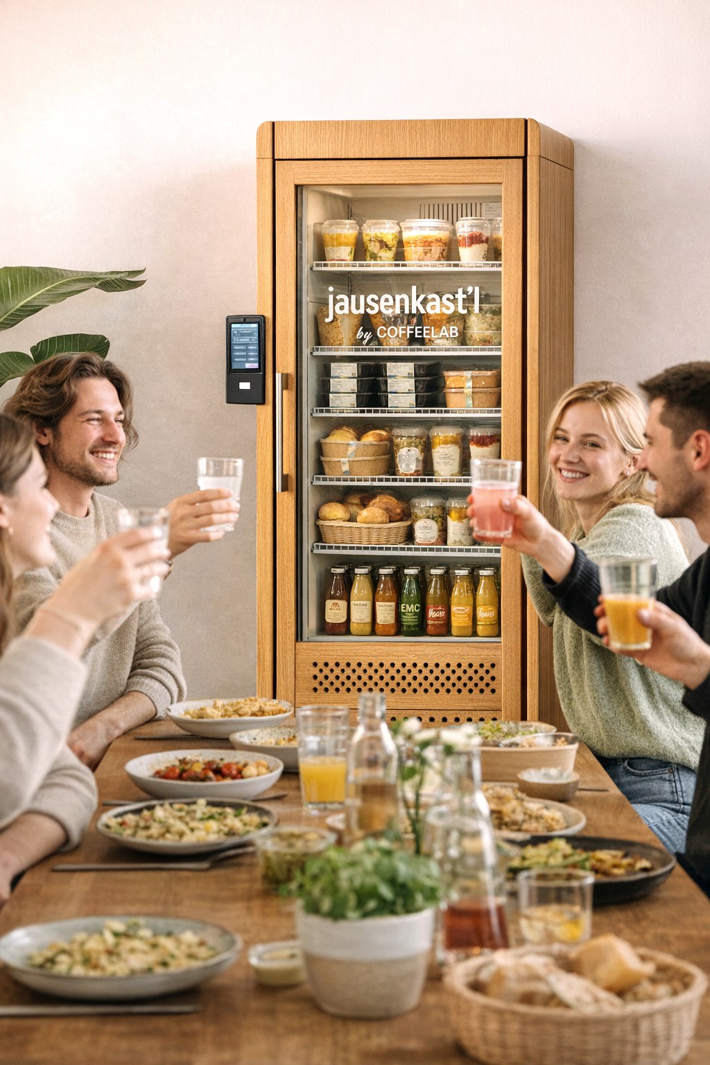 Team genießt frische Mahlzeiten am Arbeitsplatz mit JausenKast'l