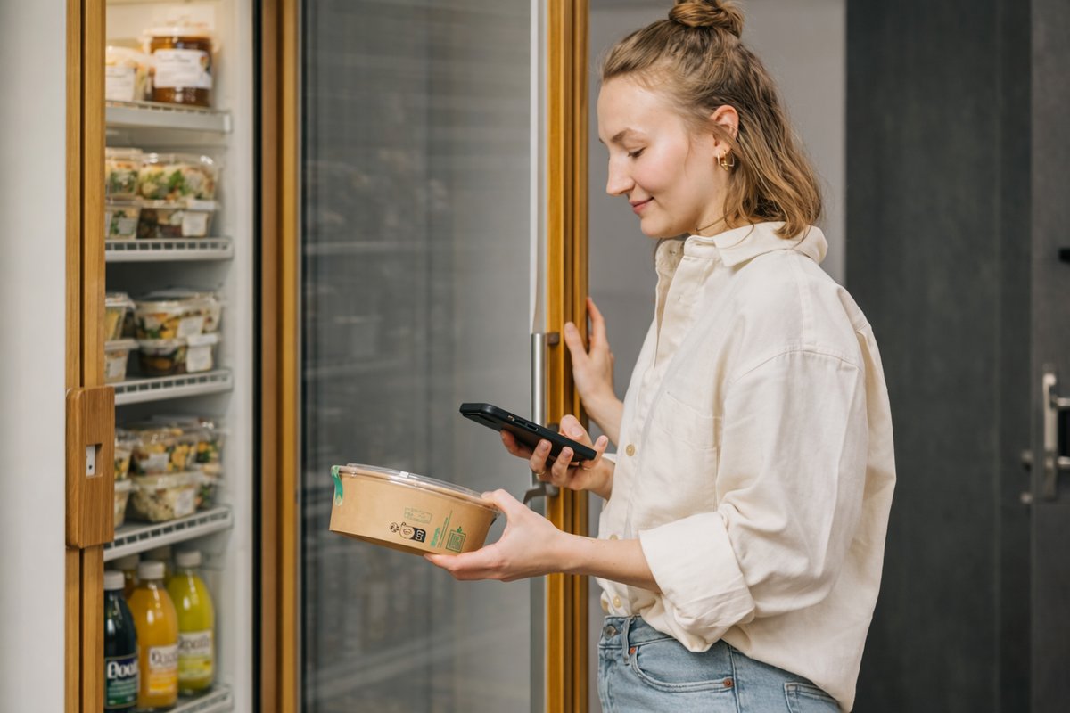 Frau nutzt JausenKast'l mit Handy