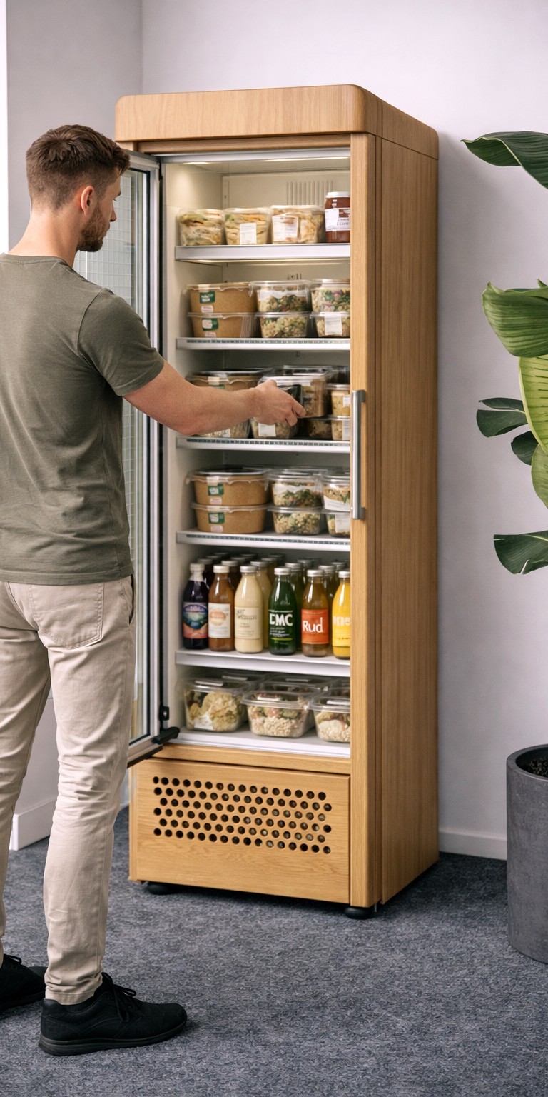 JausenKast'l Smart Fridge — Mann entnimmt frische Mahlzeit
